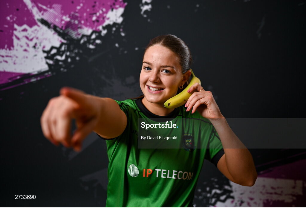 14 February 2024; Becky Watkins poses for a portrait during a Peamount United FC squad portraits at PRL Park in Greenogue, Dublin. Photo by David Fitzgerald/Sportsfile