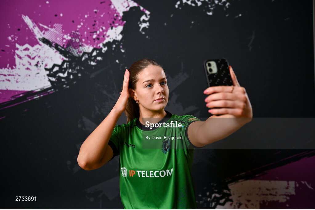 14 February 2024; Becky Watkins poses for a portrait during a Peamount United FC squad portraits at PRL Park in Greenogue, Dublin. Photo by David Fitzgerald/Sportsfile