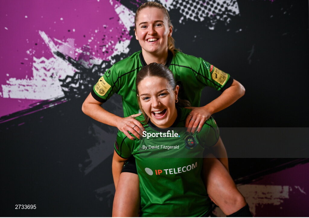 14 February 2024; Becky Watkins, below, and Erin McLaughlin during a Peamount United FC squad portraits at PRL Park in Greenogue, Dublin. Photo by David Fitzgerald/Sportsfile