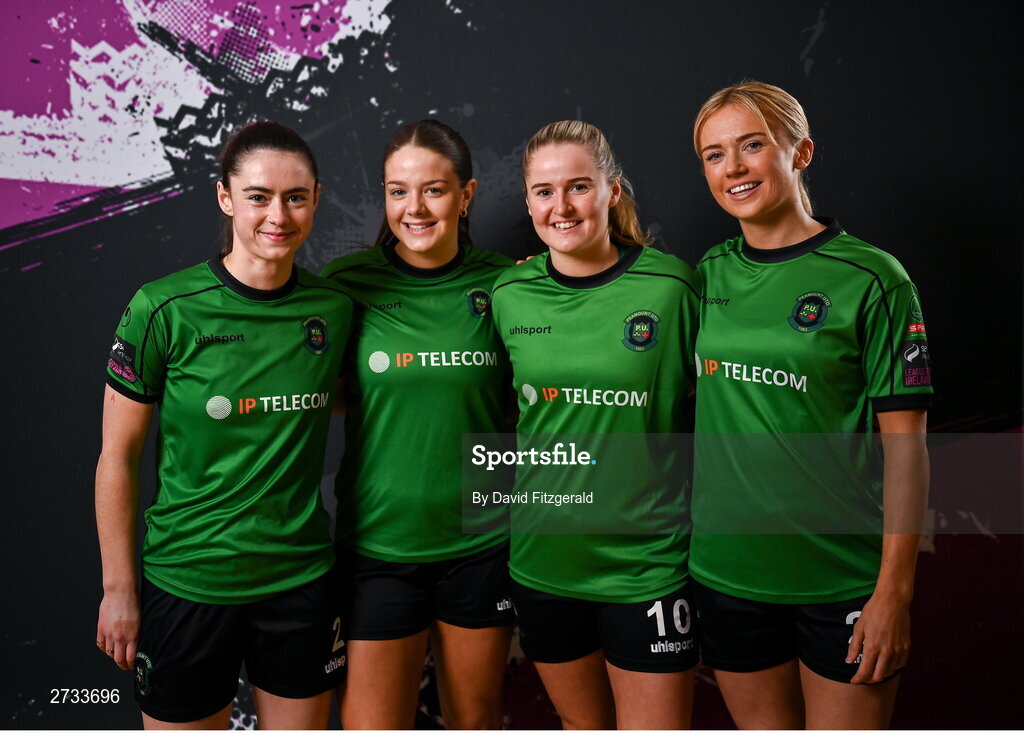 14 February 2024; Players, from left, Lauryn O'Callaghan, Becky Watkins, Erin McLaughlin and Erica Burke during a Peamount United FC squad portraits at PRL Park in Greenogue, Dublin. Photo by David Fitzgerald/Sportsfile