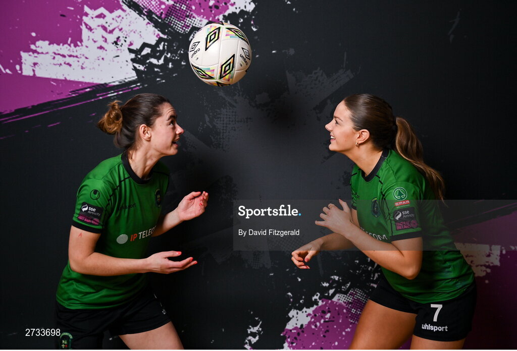 14 February 2024; Lauryn O'Callaghan, left, and Becky Watkins during a Peamount United FC squad portraits at PRL Park in Greenogue, Dublin. Photo by David Fitzgerald/Sportsfile