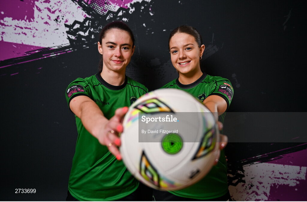 14 February 2024; Lauryn O'Callaghan, left, and Becky Watkins during a Peamount United FC squad portraits at PRL Park in Greenogue, Dublin. Photo by David Fitzgerald/Sportsfile