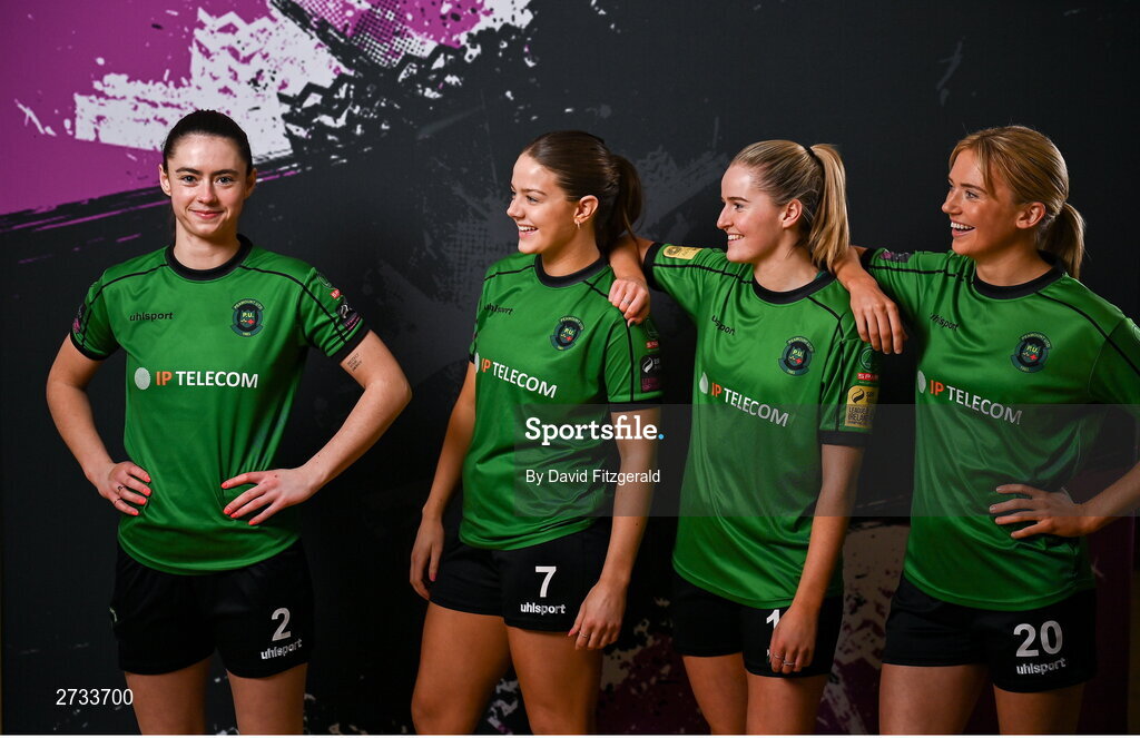 14 February 2024; Players, from left, Lauryn O'Callaghan, Becky Watkins, Erin McLaughlin and Erica Burke during a Peamount United FC squad portraits at PRL Park in Greenogue, Dublin. Photo by David Fitzgerald/Sportsfile