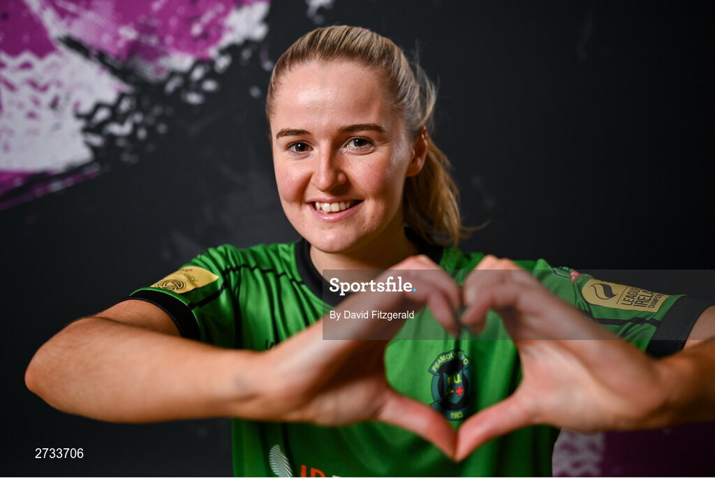 14 February 2024; Erin McLaughlin poses for a portrait during a Peamount United FC squad portraits at PRL Park in Greenogue, Dublin. Photo by David Fitzgerald/Sportsfile