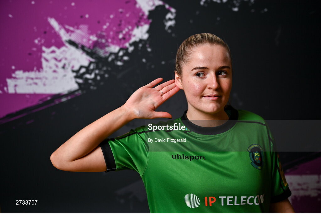 14 February 2024; Erin McLaughlin poses for a portrait during a Peamount United FC squad portraits at PRL Park in Greenogue, Dublin. Photo by David Fitzgerald/Sportsfile
