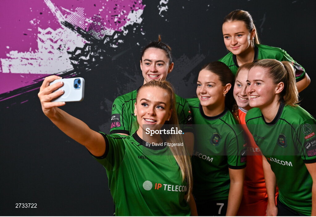 14 February 2024; Players, from left, Ciara Maher, Lauryn O'Callaghan, Becky Watkins, Mia McGonnell, Niamh Richardson and Erin McLaughlin during a Peamount United FC squad portraits at PRL Park in Greenogue, Dublin. Photo by David Fitzgerald/Sportsfile