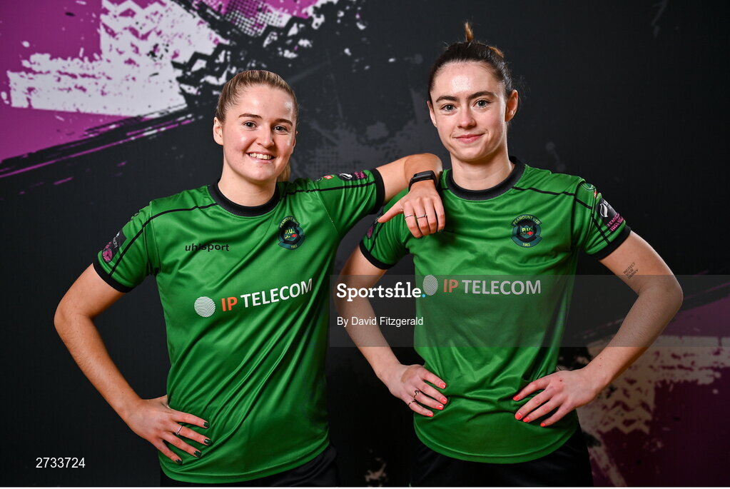 14 February 2024; Erin McLaughlin, left, and Lauryn O'Callaghan during a Peamount United FC squad portraits at PRL Park in Greenogue, Dublin. Photo by David Fitzgerald/Sportsfile