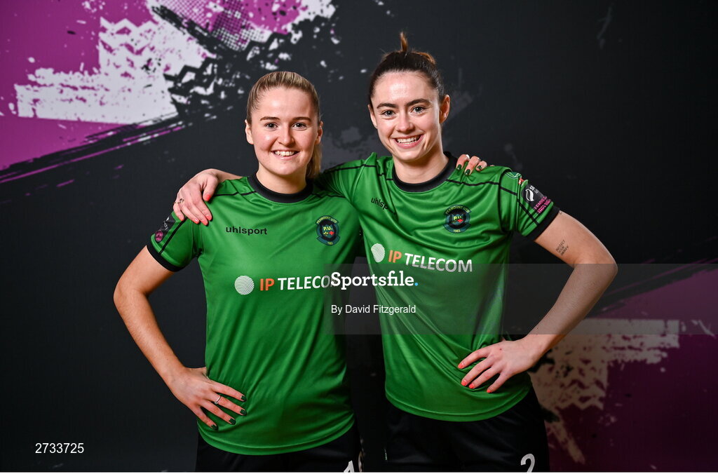 14 February 2024; Erin McLaughlin, left, and Lauryn O'Callaghan during a Peamount United FC squad portraits at PRL Park in Greenogue, Dublin. Photo by David Fitzgerald/Sportsfile