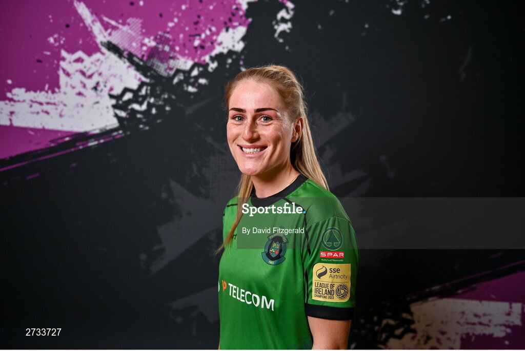 14 February 2024; Shannon Thomas poses for a portrait during a Peamount United FC squad portraits at PRL Park in Greenogue, Dublin. Photo by David Fitzgerald/Sportsfile