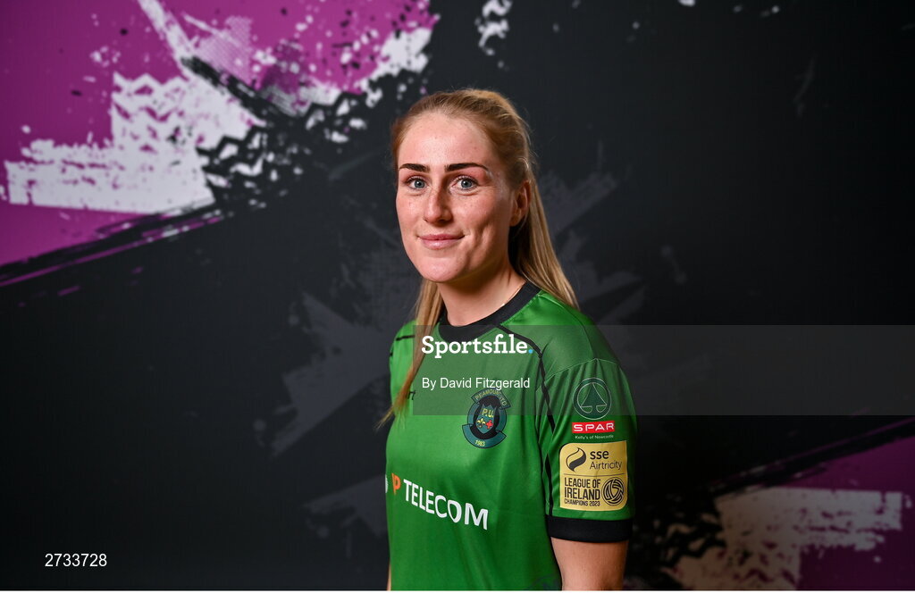 14 February 2024; Shannon Thomas poses for a portrait during a Peamount United FC squad portraits at PRL Park in Greenogue, Dublin. Photo by David Fitzgerald/Sportsfile