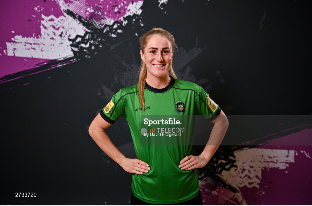 14 February 2024; Shannon Thomas poses for a portrait during a Peamount United FC squad portraits at PRL Park in Greenogue, Dublin. Photo by David Fitzgerald/Sportsfile