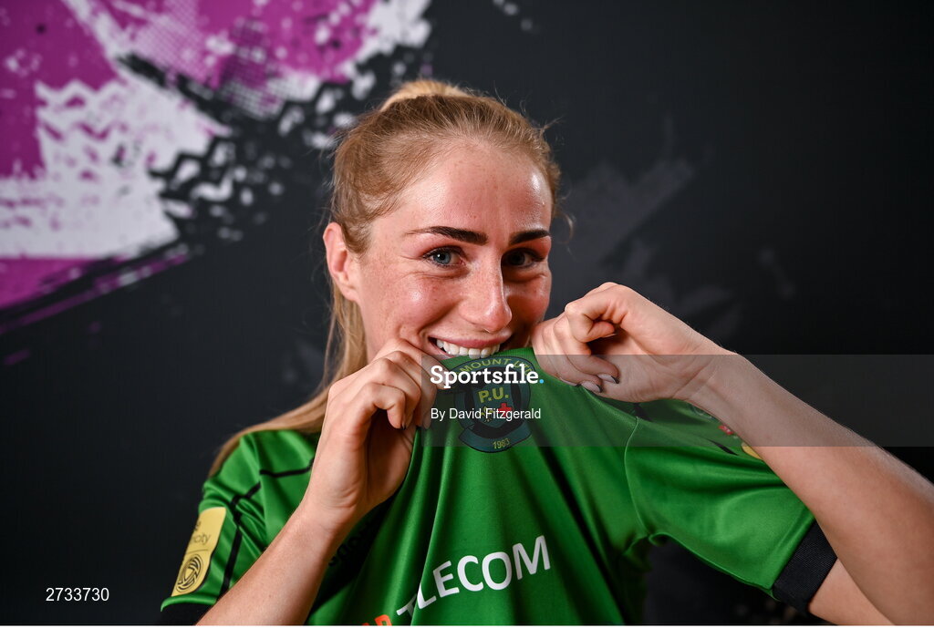 14 February 2024; Shannon Thomas poses for a portrait during a Peamount United FC squad portraits at PRL Park in Greenogue, Dublin. Photo by David Fitzgerald/Sportsfile