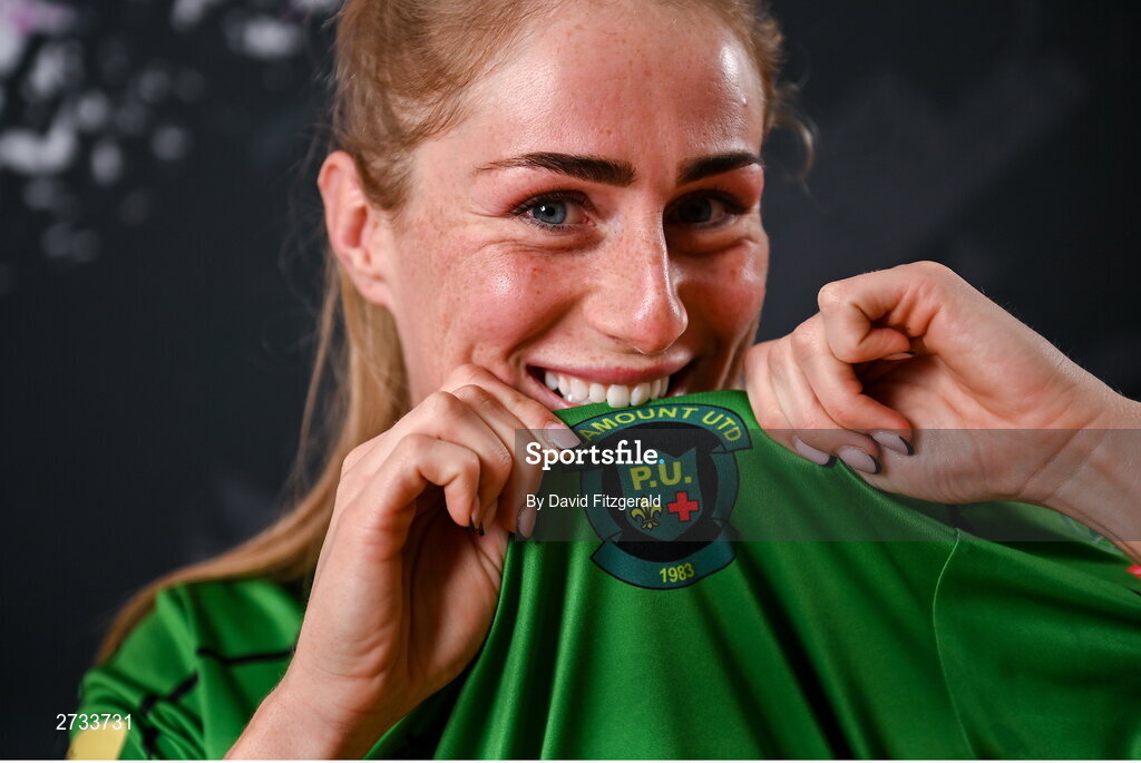 14 February 2024; Shannon Thomas poses for a portrait during a Peamount United FC squad portraits at PRL Park in Greenogue, Dublin. Photo by David Fitzgerald/Sportsfile