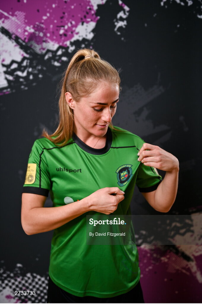 14 February 2024; Shannon Thomas poses for a portrait during a Peamount United FC squad portraits at PRL Park in Greenogue, Dublin. Photo by David Fitzgerald/Sportsfile