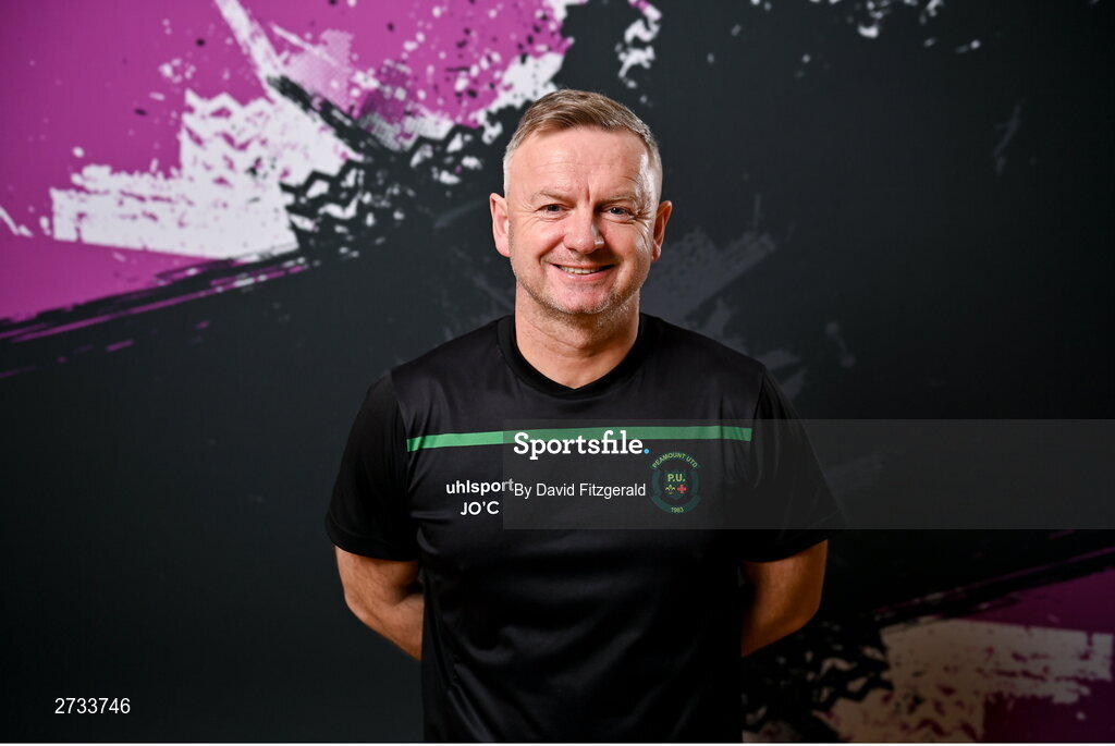 14 February 2024; Manager James O'Callaghan poses for a portrait during a Peamount United FC squad portraits at PRL Park in Greenogue, Dublin. Photo by David Fitzgerald/Sportsfile