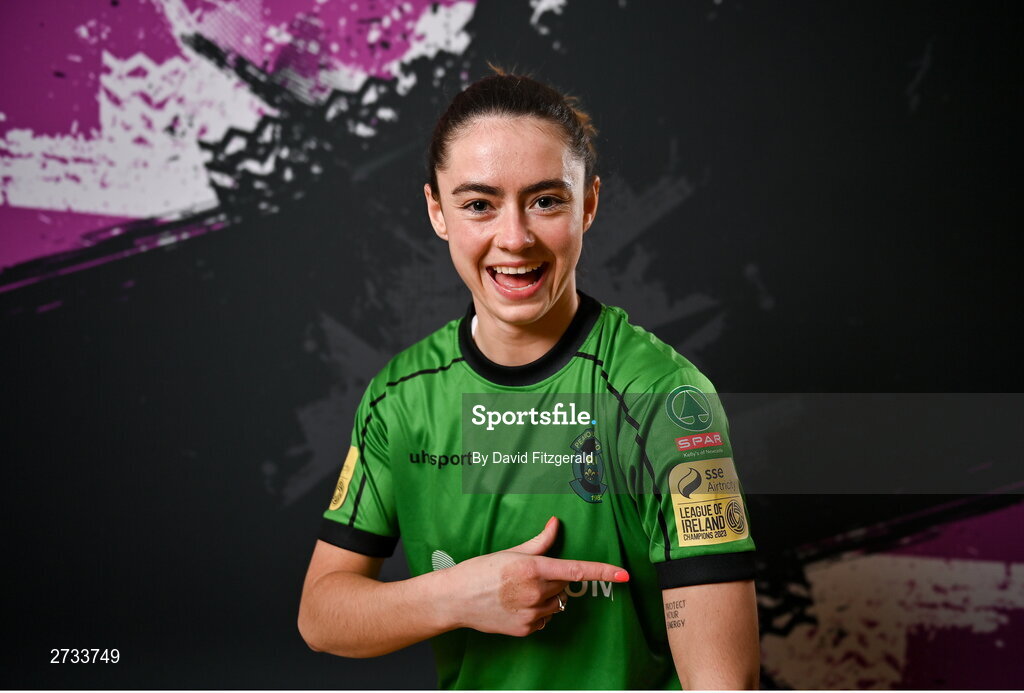 14 February 2024; Lauryn O'Callaghan poses for a portrait during a Peamount United FC squad portraits at PRL Park in Greenogue, Dublin. Photo by David Fitzgerald/Sportsfile