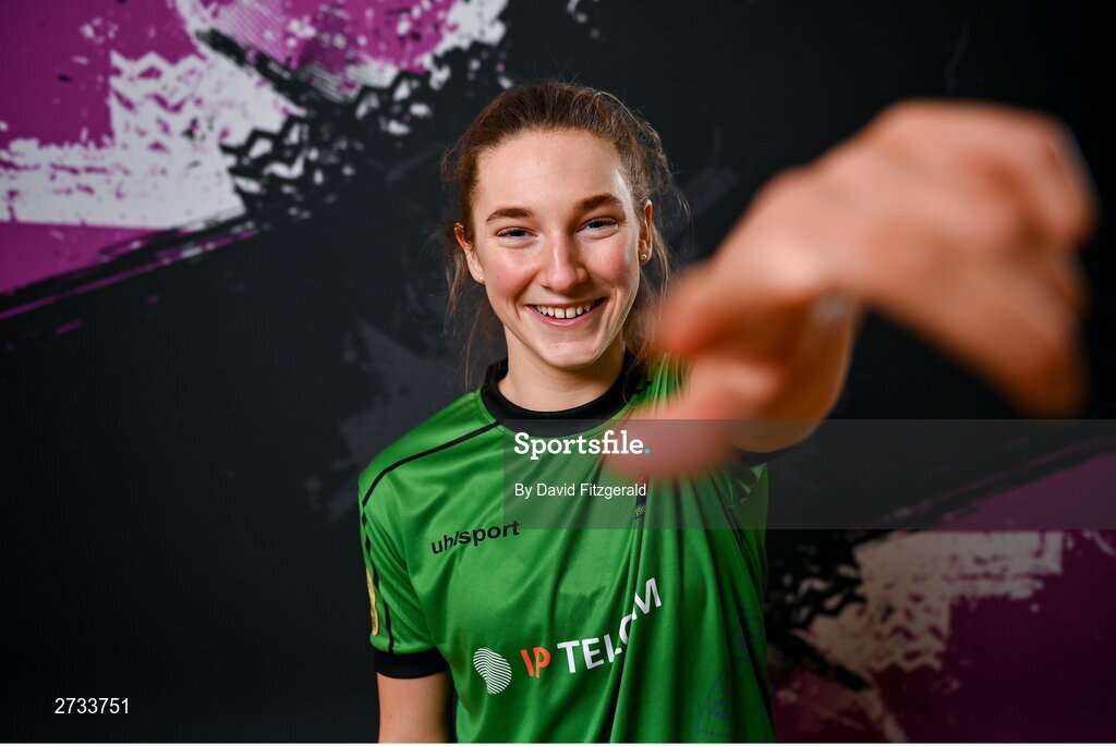 14 February 2024; Ellen Dolan poses for a portrait during a Peamount United FC squad portraits at PRL Park in Greenogue, Dublin. Photo by David Fitzgerald/Sportsfile