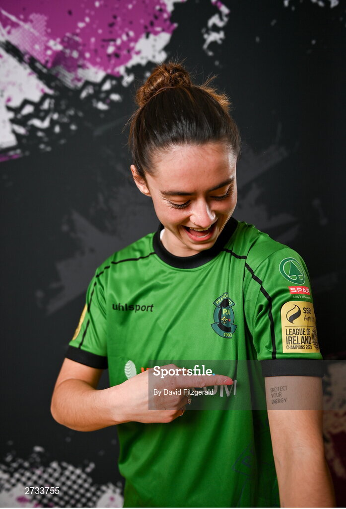 14 February 2024; Lauryn O'Callaghan poses for a portrait during a Peamount United FC squad portraits at PRL Park in Greenogue, Dublin. Photo by David Fitzgerald/Sportsfile