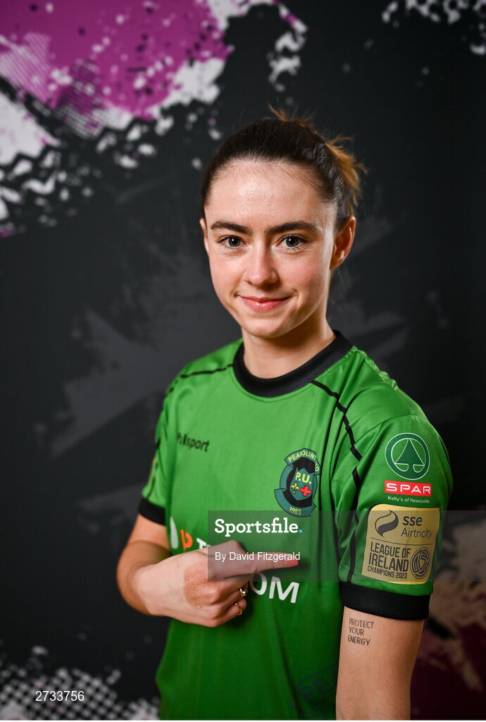 14 February 2024; Lauryn O'Callaghan poses for a portrait during a Peamount United FC squad portraits at PRL Park in Greenogue, Dublin. Photo by David Fitzgerald/Sportsfile
