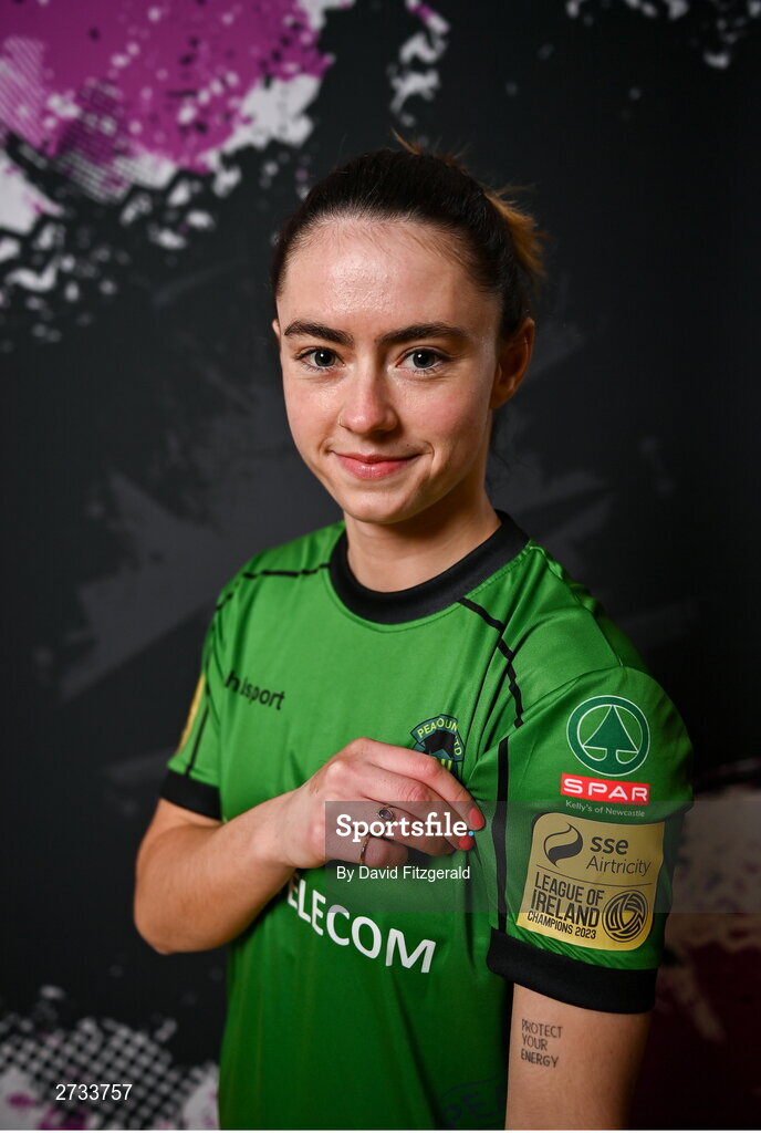 14 February 2024; Lauryn O'Callaghan poses for a portrait during a Peamount United FC squad portraits at PRL Park in Greenogue, Dublin. Photo by David Fitzgerald/Sportsfile