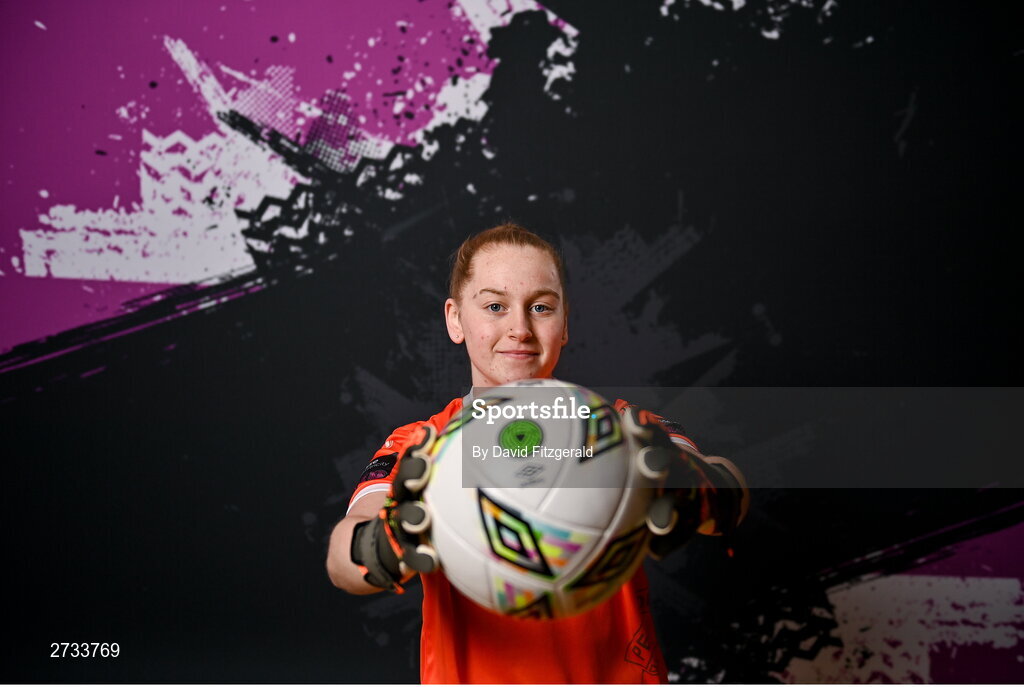 14 February 2024; Niamh Richardson poses for a portrait during a Peamount United FC squad portraits at PRL Park in Greenogue, Dublin. Photo by David Fitzgerald/Sportsfile