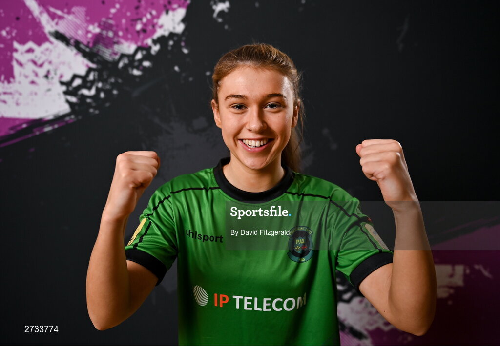 14 February 2024; Jess Fitzgerald poses for a portrait during a Peamount United FC squad portraits at PRL Park in Greenogue, Dublin. Photo by David Fitzgerald/Sportsfile