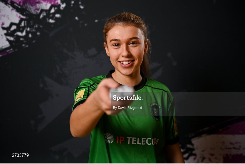 14 February 2024; Jess Fitzgerald poses for a portrait during a Peamount United FC squad portraits at PRL Park in Greenogue, Dublin. Photo by David Fitzgerald/Sportsfile