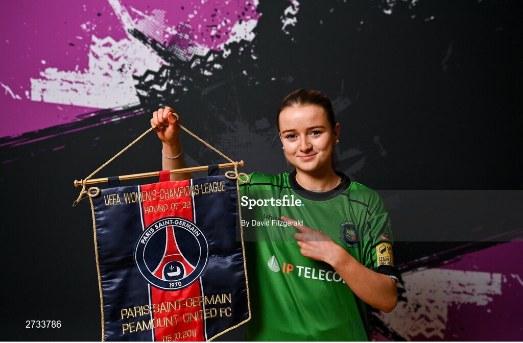 14 February 2024; Mia McGonnell poses for a portrait during a Peamount United FC squad portraits at PRL Park in Greenogue, Dublin. Photo by David Fitzgerald/Sportsfile