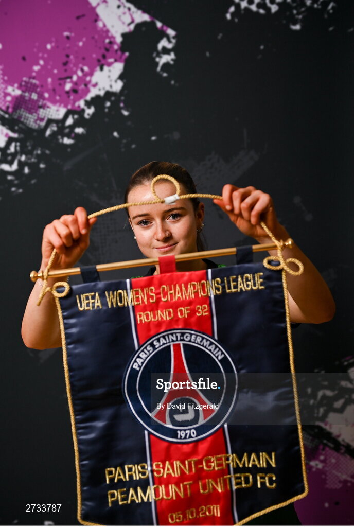 14 February 2024; Mia McGonnell poses for a portrait during a Peamount United FC squad portraits at PRL Park in Greenogue, Dublin. Photo by David Fitzgerald/Sportsfile