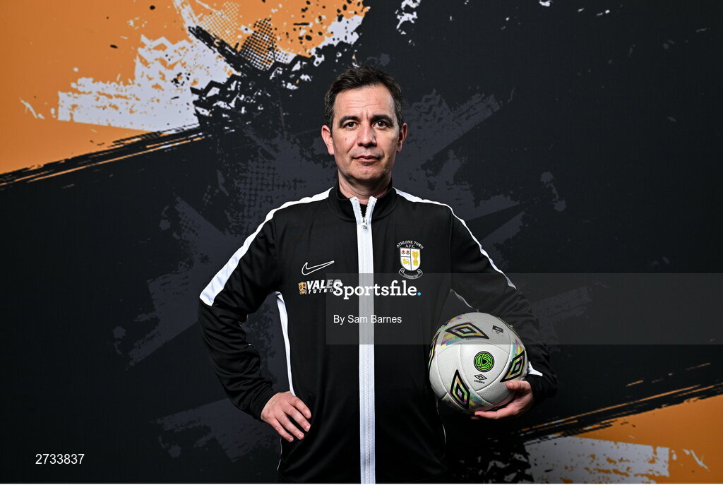 14 February 2024; Athlone Town Manager Dario Castelo poses for a portrait during a Athlone Town FC squad portraits session at Athlone Town Stadium in Athlone, Westmeath. Photo by Sam Barnes/Sportsfile