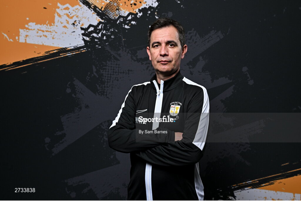 14 February 2024; Athlone Town Manager Dario Castelo poses for a portrait during a Athlone Town FC squad portraits session at Athlone Town Stadium in Athlone, Westmeath. Photo by Sam Barnes/Sportsfile