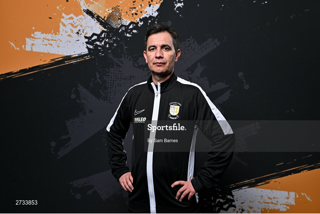 14 February 2024; Athlone Town Manager Dario Castelo poses for a portrait during a Athlone Town FC squad portraits session at Athlone Town Stadium in Athlone, Westmeath. Photo by Sam Barnes/Sportsfile