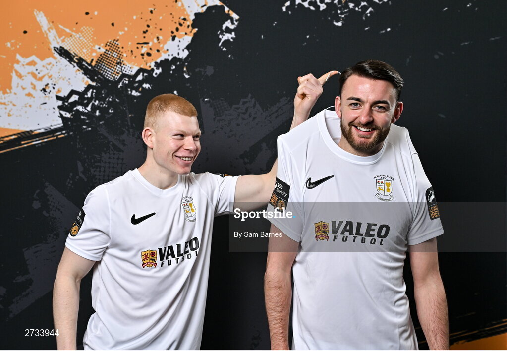14 February 2024; Aaron Connolly, left, and Daniel McKenna poses for a portrait during a Athlone Town FC squad portraits session at Athlone Town Stadium in Athlone, Westmeath. Photo by Sam Barnes/Sportsfile