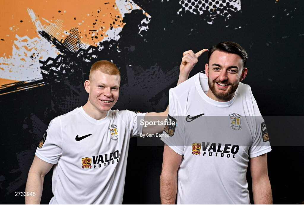 14 February 2024; Aaron Connolly, left, and Daniel McKenna poses for a portrait during a Athlone Town FC squad portraits session at Athlone Town Stadium in Athlone, Westmeath. Photo by Sam Barnes/Sportsfile