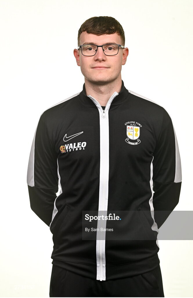 14 February 2024; Athlone Town FC Athletic Therapist Jamie Thomas poses for a portrait during a Athlone Town FC squad portraits session at Athlone Town Stadium in Athlone, Westmeath. Photo by Sam Barnes/Sportsfile