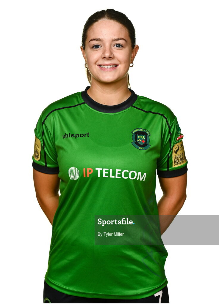 14 February 2024; Becky Watkins poses for a portrait during a Peamount United FC squad portraits at PRL Park in Greenogue, Dublin. Photo by Tyler Miller/Sportsfile
