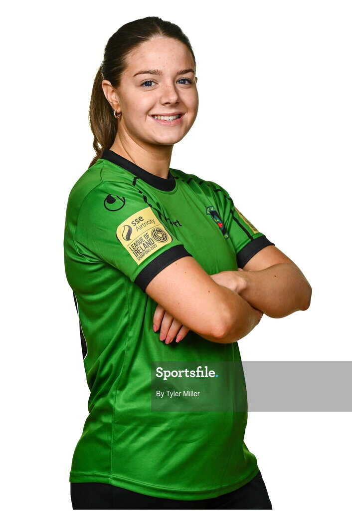 14 February 2024; Becky Watkins poses for a portrait during a Peamount United FC squad portraits at PRL Park in Greenogue, Dublin. Photo by Tyler Miller/Sportsfile