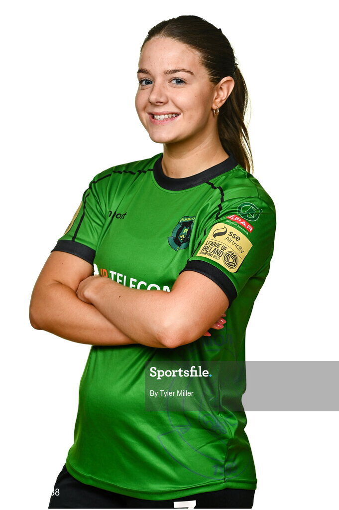 14 February 2024; Becky Watkins poses for a portrait during a Peamount United FC squad portraits at PRL Park in Greenogue, Dublin. Photo by Tyler Miller/Sportsfile