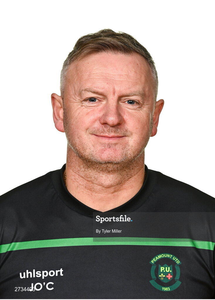 14 February 2024; Manager James O'Callaghan poses for a portrait during a Peamount United FC squad portraits at PRL Park in Greenogue, Dublin. Photo by Tyler Miller/Sportsfile