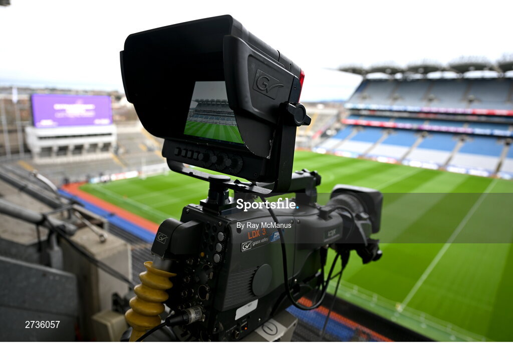 17 February 2024; A general view of Croke Park as seen through the screen of a broadcast camera before the Allianz Football League Division 1 match between Dublin and Roscommon at Croke Park in Dublin. Photo by Ray McManus/Sportsfile