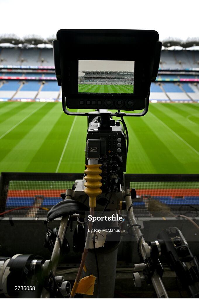 17 February 2024; A general view of Croke Park as seen through the screen of a broadcast camera before the Allianz Football League Division 1 match between Dublin and Roscommon at Croke Park in Dublin. Photo by Ray McManus/Sportsfile