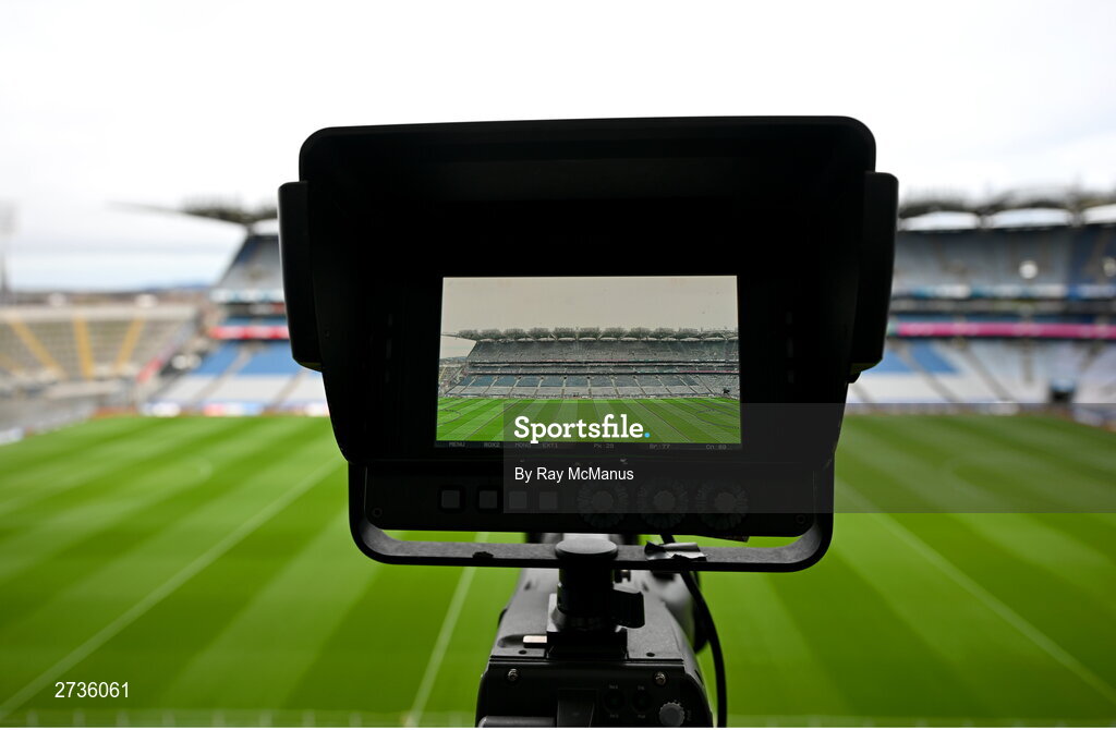 17 February 2024; A general view of Croke Park as seen through the screen of a broadcast camera before the Allianz Football League Division 1 match between Dublin and Roscommon at Croke Park in Dublin. Photo by Ray McManus/Sportsfile