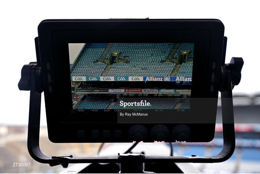 17 February 2024; A general view of Croke Park as seen through the screen of a broadcast camera before the Allianz Football League Division 1 match between Dublin and Roscommon at Croke Park in Dublin. Photo by Ray McManus/Sportsfile