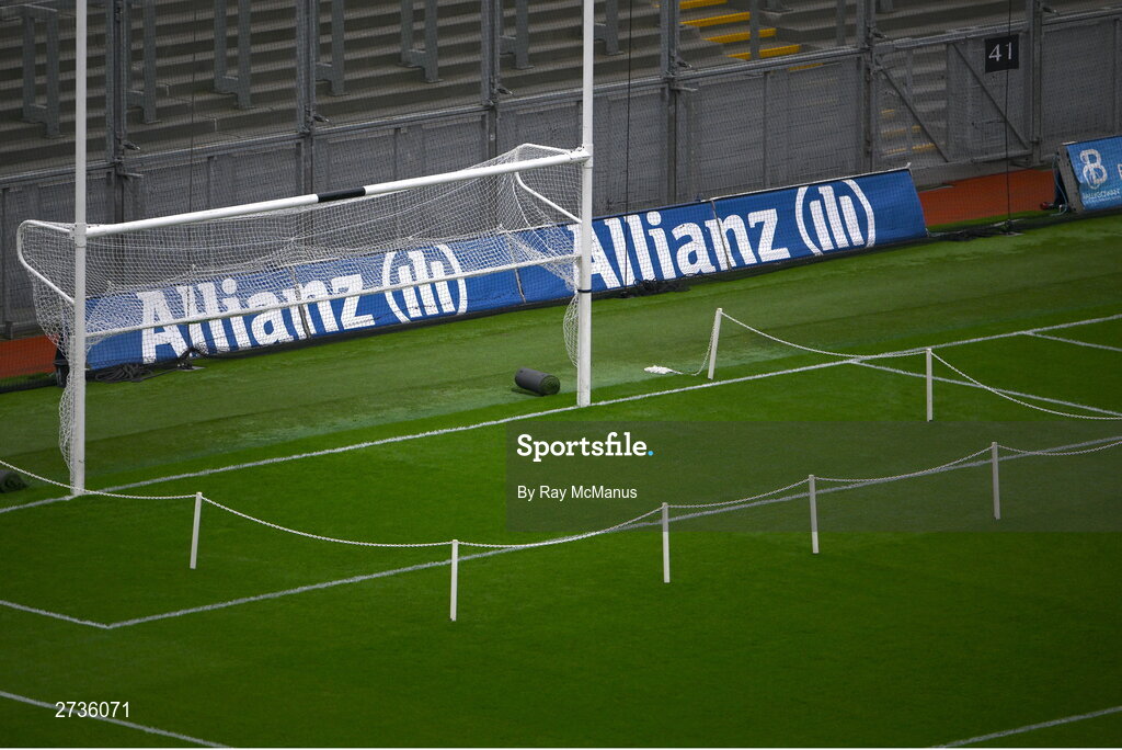17 February 2024; A general view of Croke park, showing a cordoned off goal area at the Hill 16 end and Allianz sinage behind, before the Allianz Football League Division 1 match between Dublin and Roscommon at Croke Park in Dublin. Photo by Ray McManus/Sportsfile
