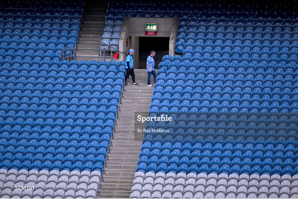17 February 2024; Two Dublin supporters check the location of their seats, in the Cusack Stand, before the Allianz Football League Division 1 match between Dublin and Roscommon at Croke Park in Dublin. Photo by Ray McManus/Sportsfile