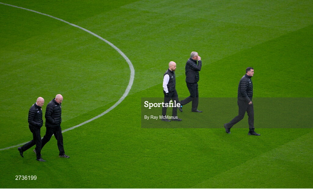 17 February 2024; Referee Sean Hurson, right, and his umpires walk the pitch before the Allianz Football League Division 1 match between Dublin and Roscommon at Croke Park in Dublin. Photo by Ray McManus/Sportsfile