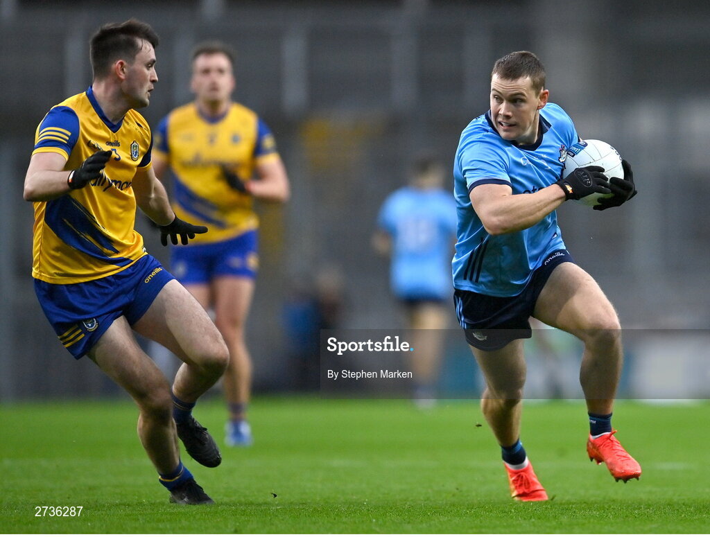 17 February 2024; Con O'Callaghan of Dublin in action against Brian Stack of Roscommon during the Allianz Football League Division 1 match between Dublin and Roscommon at Croke Park in Dublin. Photo by Stephen Marken/Sportsfile