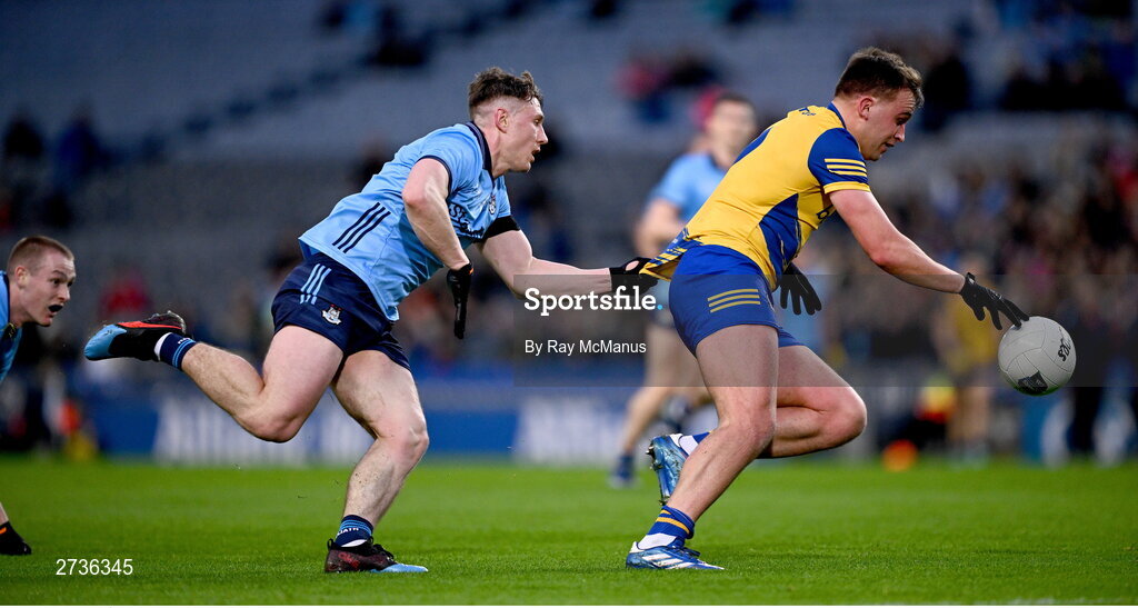 17 February 2024; Peadar Ó Cofaigh Byrne of Dublin looks on as Enda Smith of Roscommon is tackled by John Small of Dublin during the Allianz Football League Division 1 match between Dublin and Roscommon at Croke Park in Dublin. Photo by Ray McManus/Sportsfile