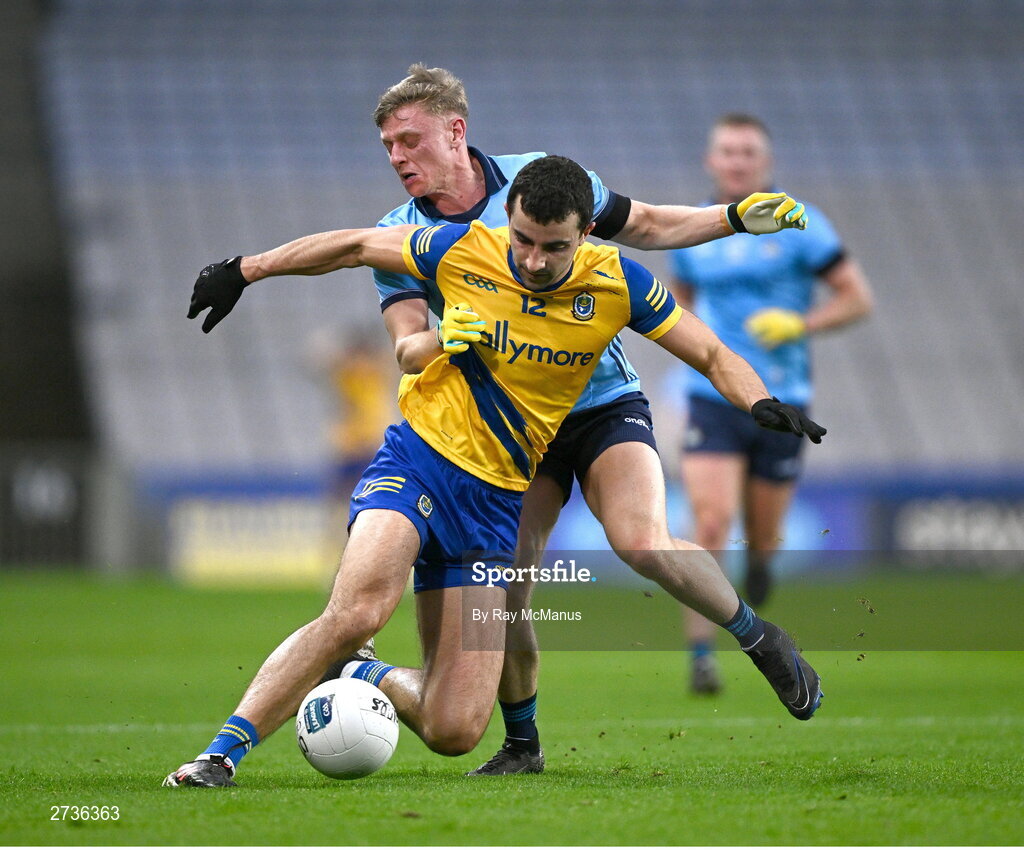 17 February 2024; Ciarán Lennon of Roscommon is tackled by Cian Murphy of Dublin during the Allianz Football League Division 1 match between Dublin and Roscommon at Croke Park in Dublin. Photo by Ray McManus/Sportsfile