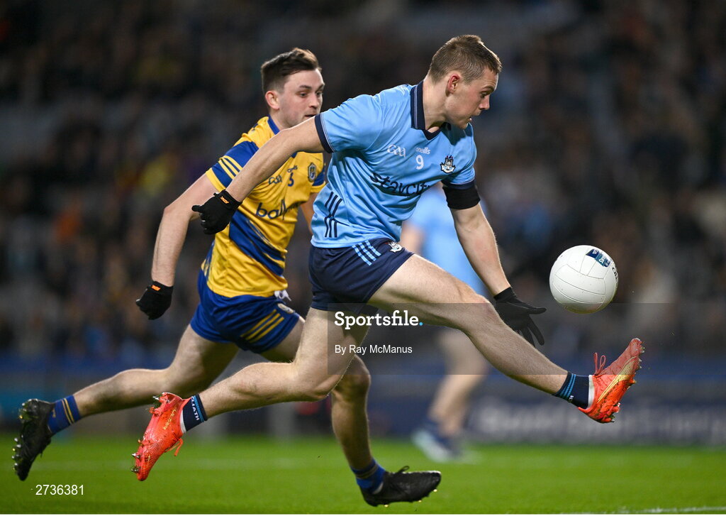 17 February 2024; Con O'Callaghan of Dublin in action against Brian Stack of Roscommon during the Allianz Football League Division 1 match between Dublin and Roscommon at Croke Park in Dublin. Photo by Ray McManus/Sportsfile